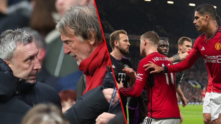 Manchester United and Bayern Munich in the Champions League at Old Trafford, inset Ineos chief Sir Jim Ratcliffe with Jason Wilcox.