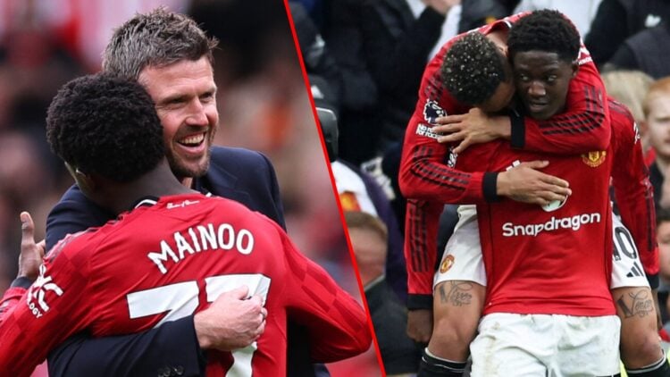 Michael Carrick with Kobbie Mainoo at Old Trafford, inset the Manchester United midfielder with Matheus Cunha during the Premier League match again...