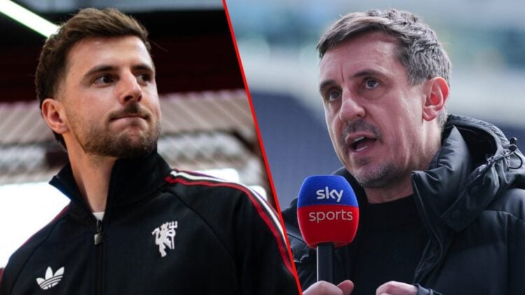 Mason Mount arrives prior to the Premier League match between Manchester United and Liverpool at Old Trafford, inset Sky Sports pundit Gary Neville.