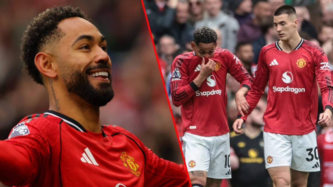 Benjamin Sesko during the Premier League match between Manchester United and Liverpool at Old Trafford, inset Red Devils forward Matheus Cunha in 2...