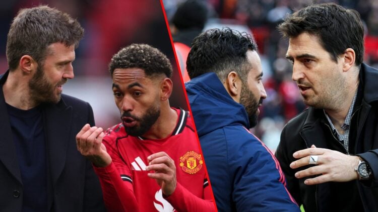 Michael Carrick speaks with Matheus Cunha during the Premier League match between Manchester United and Aston Villa at Old Trafford, inset Bournemo...