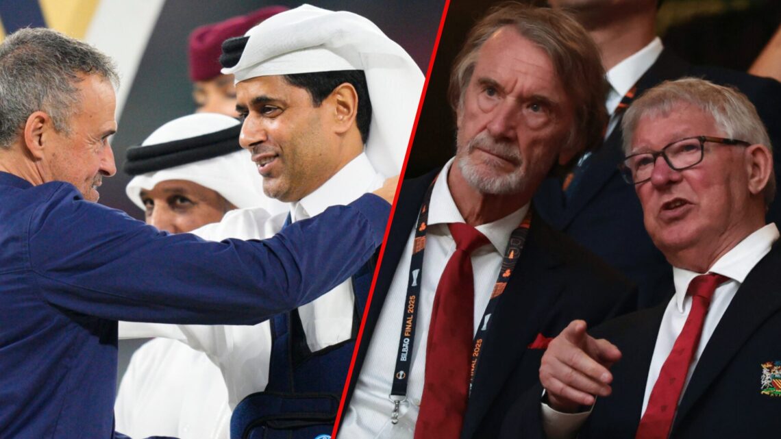 PSG head coach Luis Enrique and Nasser Al-Khelaifi, inset Ineos chief Sir Jim Ratcliffe and Manchester United legend Sir Alex Ferguson.