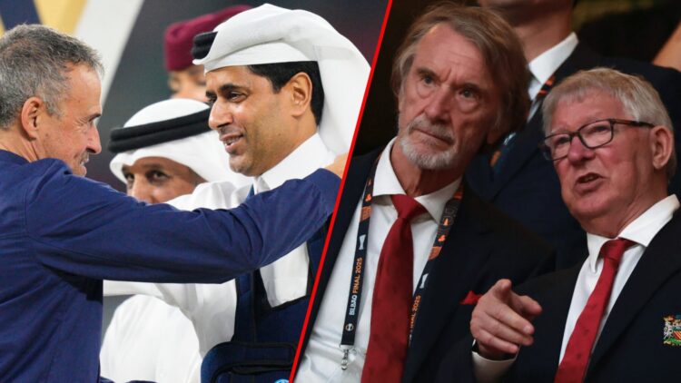 PSG head coach Luis Enrique and Nasser Al-Khelaifi, inset Ineos chief Sir Jim Ratcliffe and Manchester United legend Sir Alex Ferguson.