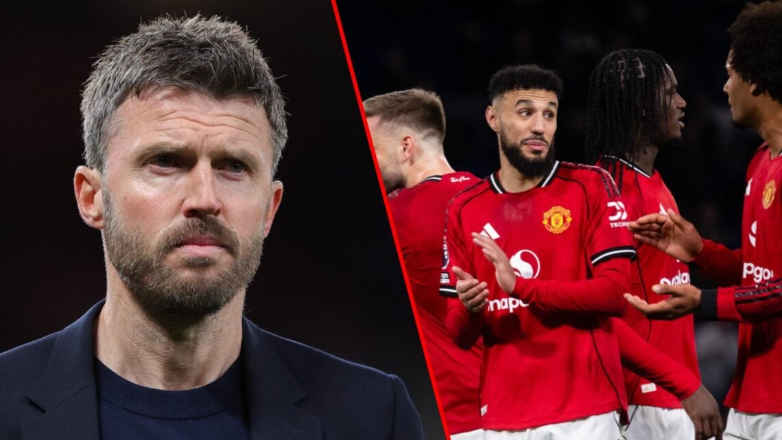 Noussair Mazraoui and Joshua Zirkzee after the Premier League match between Chelsea and Manchester United at Stamford Bridge, inset Michael Carrick.