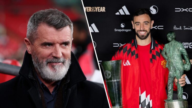 Roy Keane and Bruno Fernandes split image