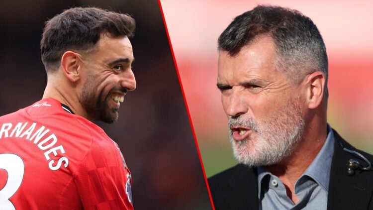 Sky Sports pundit Roy Keane, inset Bruno Fernandes during the Premier League match between Manchester United and Liverpool at Old Trafford.
