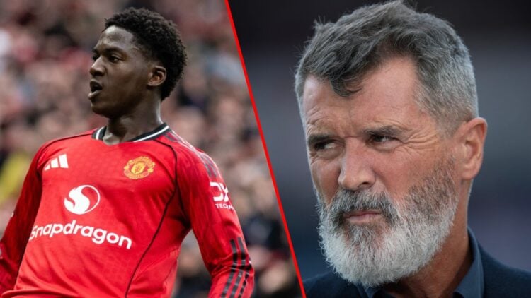ITV Sport and Sky Sports pundit Roy Keane, inset Kobbie Mainoo during the Premier League match between Manchester United and Liverpool at Old Traff...