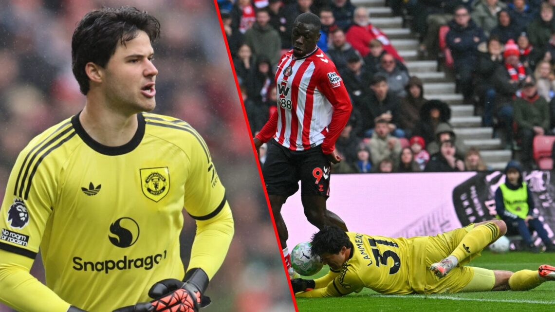 Senne Lammens during the Premier League match against Sunderland at the Stadium of Light, inset the Manchester United player.