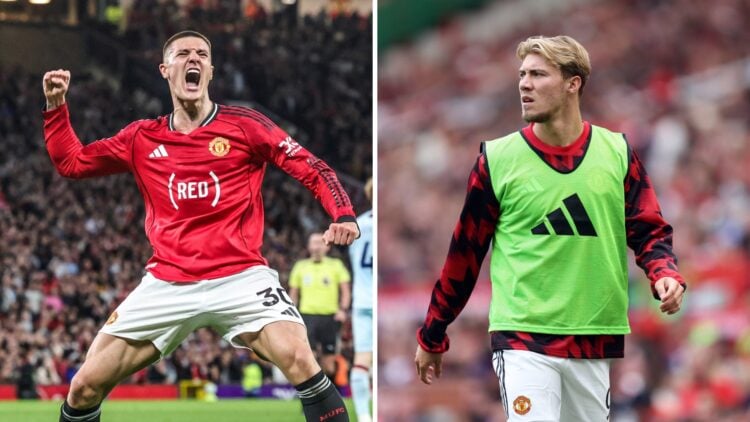 Benjamin Sesko celebrating at Man Utd, Rasmus Hojlund in Man Utd jersey