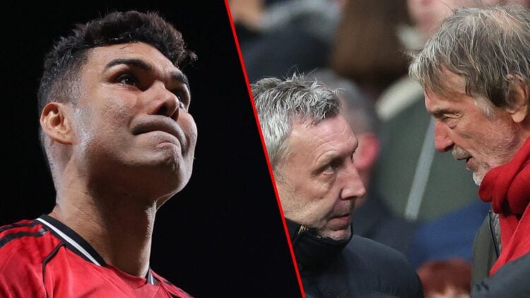Sir Jim Ratcliffe and Jason Wilcox during the Premier League match between Newcastle United and Manchester United, inset Casemiro during the Premie...