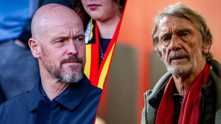 Ineos chief Sir Jim Ratcliffe arrives ahead of the Premier League match between Manchester United and Leeds United at Old Trafford, inset Erik ten ...