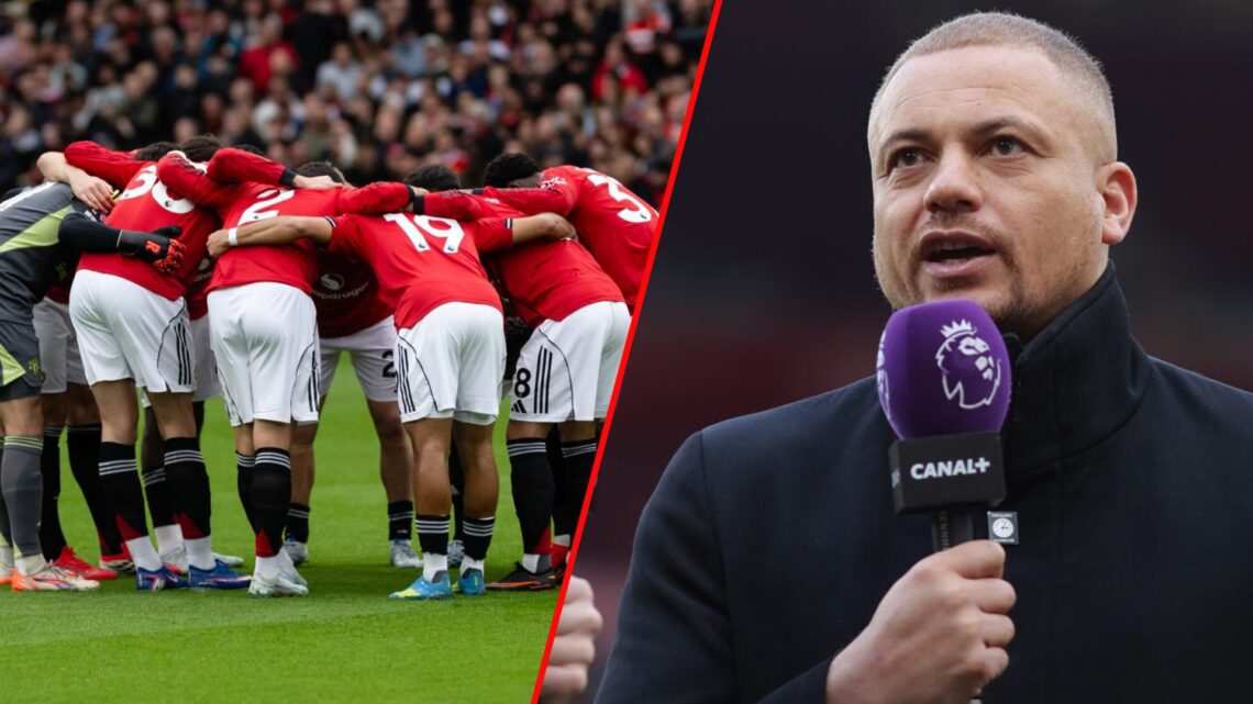 Manchester United huddle prior to the Premier League match between Manchester United and Liverpool at Old Trafford, inset former defender Wes Brown.
