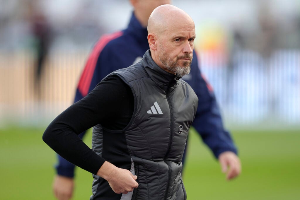 Erik ten Hag, Manager of Manchester United on the side line before the Premier League match between West Ham United FC and Manchester United FC at London Stadium on October 27, 2024 in London, England.