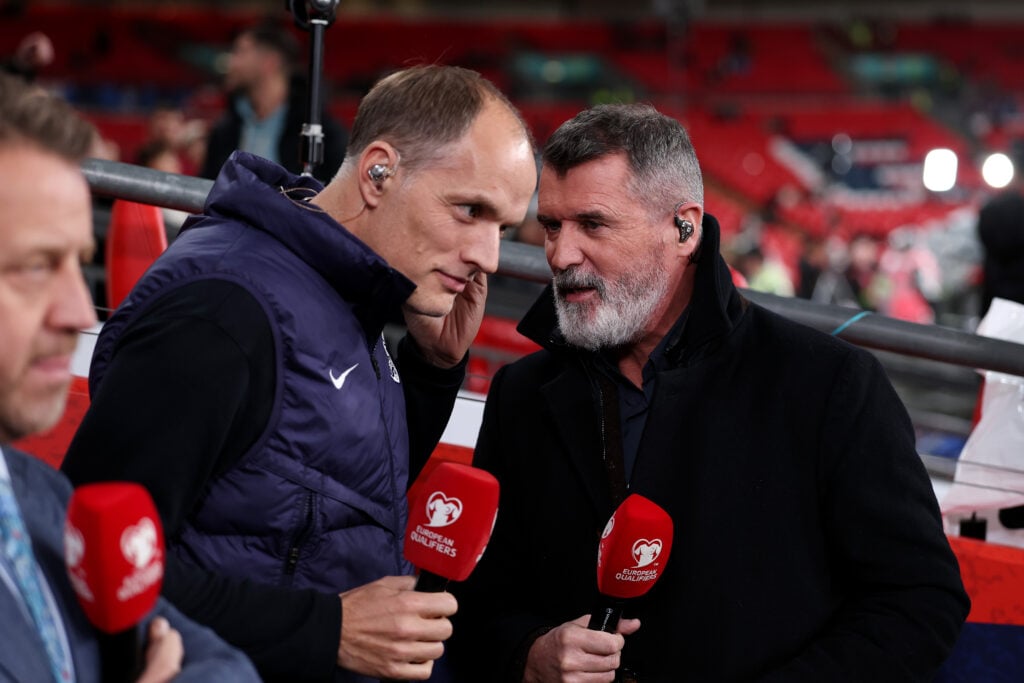 Thomas Tuchel, Head Coach of England, is interviewed by pundit Roy Keane prior to the FIFA World Cup 2026 qualifier match between England and Serbia at Wembley Stadium on November 13, 2025 in London, England.