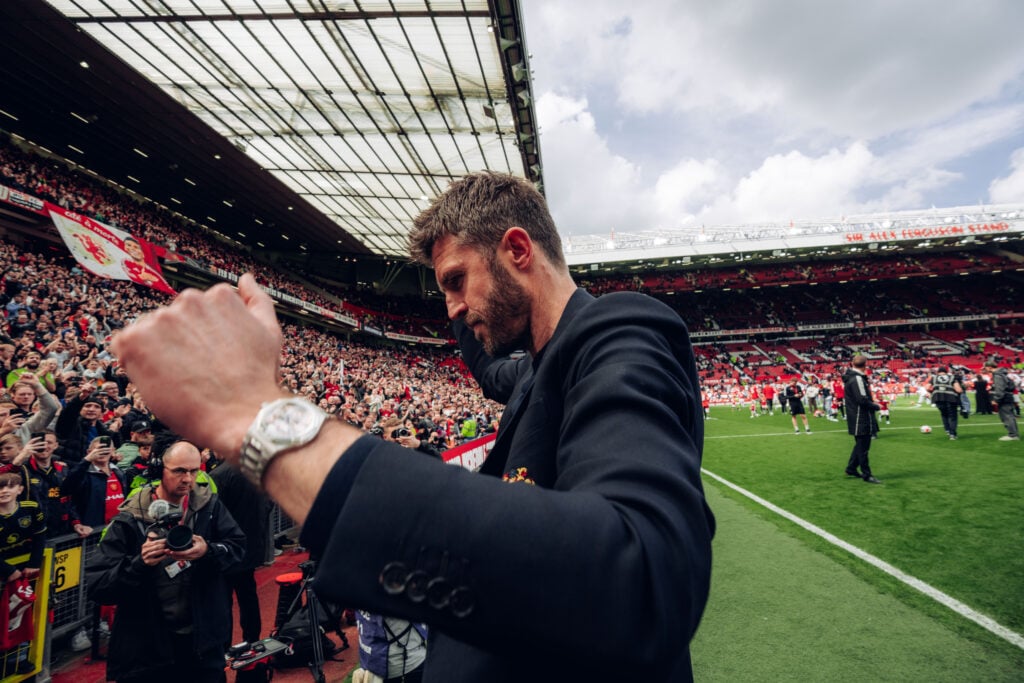 Head Coach Michael Carrick of Manchester United walks off after the Premier League match between Manchester United and Nottingham Forest at Old Trafford on May 17, 2026 in Manchester, England.