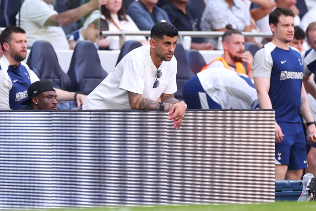 Cristian Romero looks on at the Tottenham Hotspur Stadium