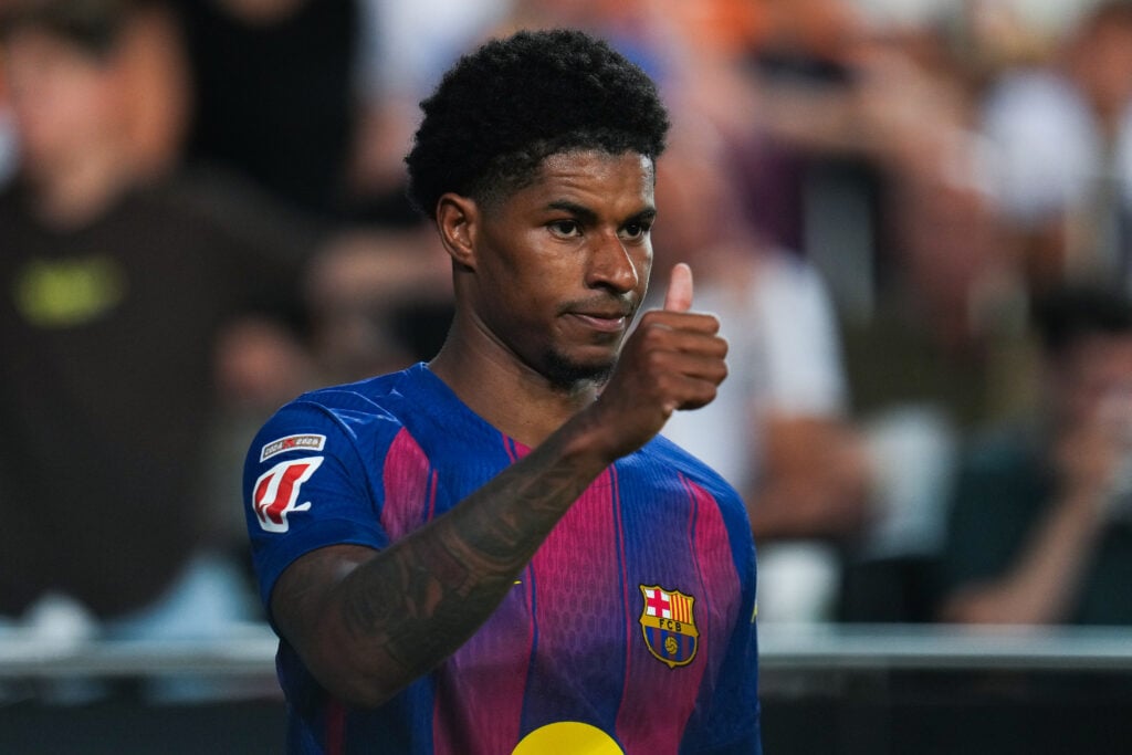 Marcus Rashford of FC Barcelona looks on during the LaLiga EA Sports match between Valencia CF and FC Barcelona at Estadi de Mestalla on May 23, 2026 in Valencia, Spain.