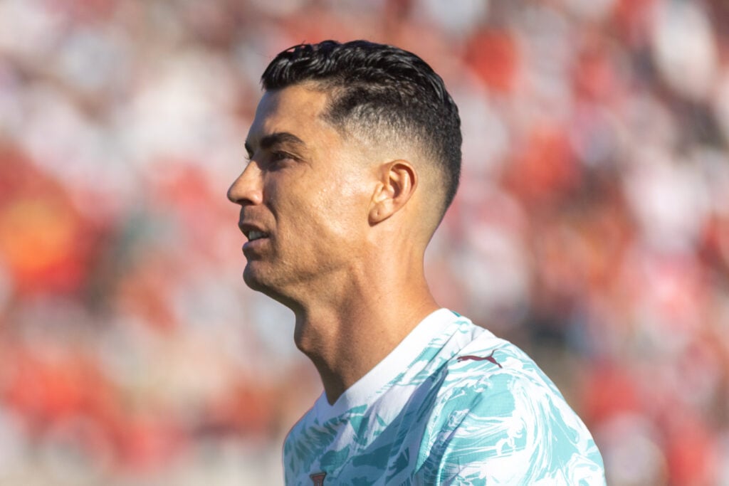 Cristiano Ronaldo, de Portugal, durante o amistoso internacional contra o Chile, no Estádio Nacional do Jamor, em Oeiras, Portugal, em 6 de junho de 2026, antes da Copa do Mundo FIFA de 2026.