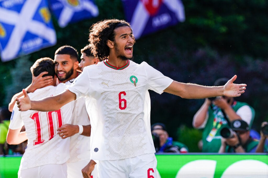 Ayyoub Bouaddi comemora contra a Escócia na Copa do Mundo de 2026