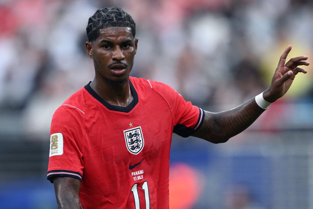 Marcus Rashford of England gestures during the FIFA World Cup 2026 Group L match between Panama and England at New York New Jersey Stadium on June 27, 2026 in East Rutherford, New Jersey.