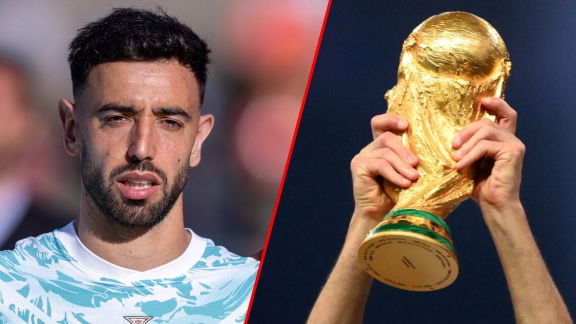 Bruno Fernandes is seen during the international friendly match between Portugal and Chile at the Estadio Nacional do Jamor in Lisbon, inset the Wo...