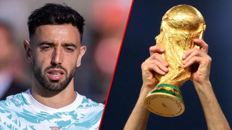 Bruno Fernandes is seen during the international friendly match between Portugal and Chile at the Estadio Nacional do Jamor in Lisbon, inset the Wo...