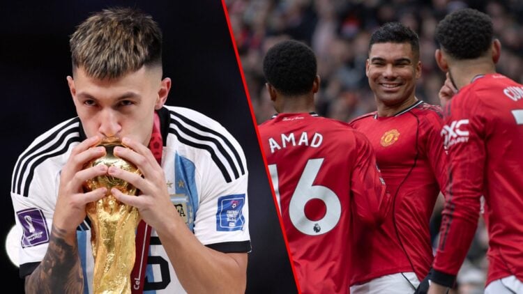 Casemiro with Amad Diallo and Matheus Cunha during the Premier League match between Manchester United and Fulham at Old Trafford, inset Lisandro Ma...