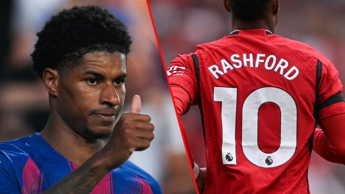 Marcus Rashford looks on during the La Liga match between Valencia and Barcelona at the Estadi de Mestalla, inset the Manchester United and England...