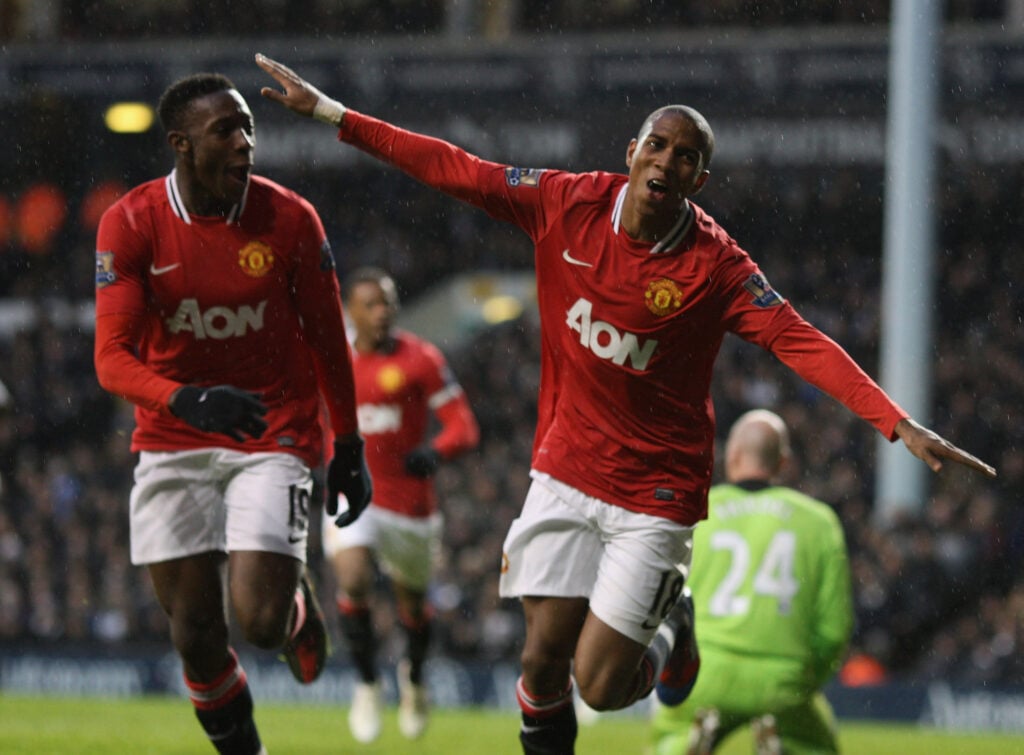 Ashley Young scores against Tottenham