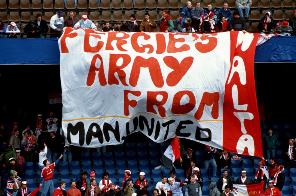 Manchester United flag at the 1991 European Cup Winners' Cup final against Barcelona
