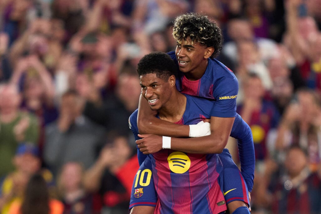 Marcus Rashford of FC Barcelona celebrates after scoring his team's fourth goal with his teammate Lamine Yamal during the LaLiga EA Sports match between FC Barcelona and RCD Espanyol de Barcelona at Spotify Camp Nou on April 11, 2026 in Barcelona, Spain.