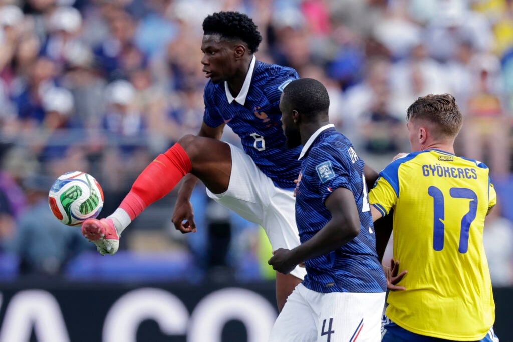 Aurelien Tchouameni winning the ball against Sweden