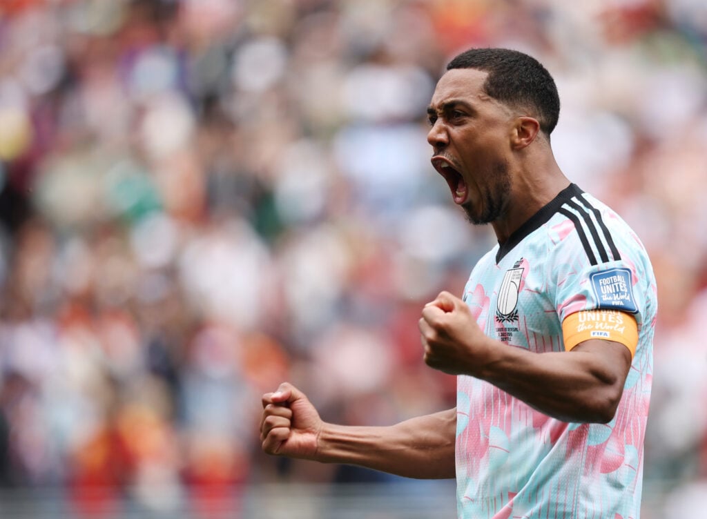Youri Tielemans celebrates against Senegal at World Cup