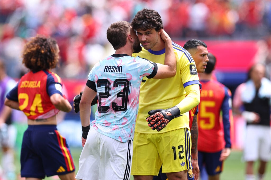 Senne Lammens with Nicolas Raskin of Belgium after the FIFA World Cup 2026 Quarter Final match between Spain and Belgium at Los Angeles Stadium on July 10, 2026 in Inglewood, California.