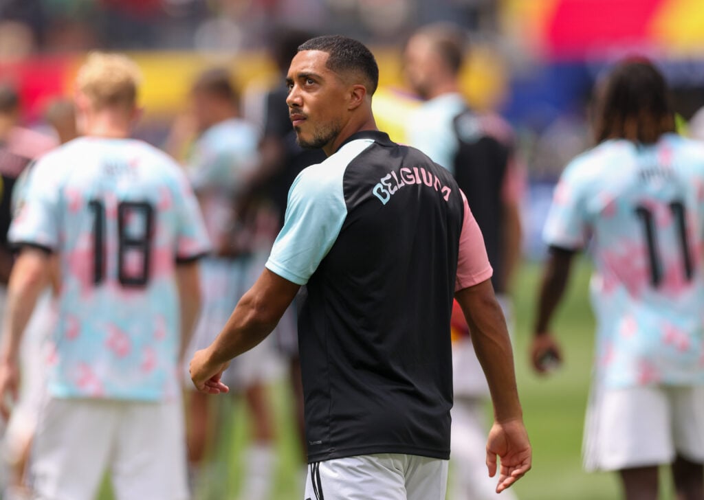 Youri Tielemans warming up against Spain