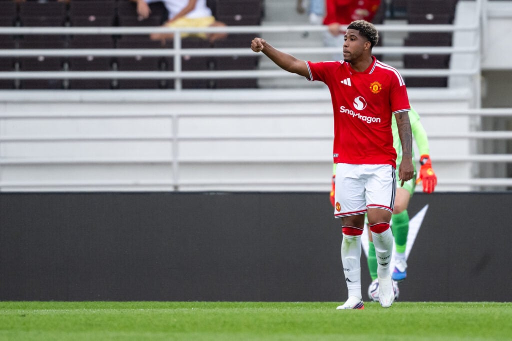 Andrey Santos of Manchester United in action during the pre-season friendly match between Manchester United and AFC Wrexham at Helsingin Olympiastadion on July 18, 2026 in Helsinki, Finland.
