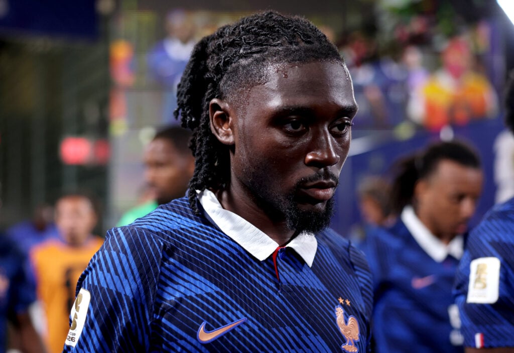 Manu Kone #6 of France looks on in the tunnel before the second half during the FIFA World Cup 2026 Semi Final match between France and Spain at Dallas Stadium on July 14, 2026 in Arlington, Texas.