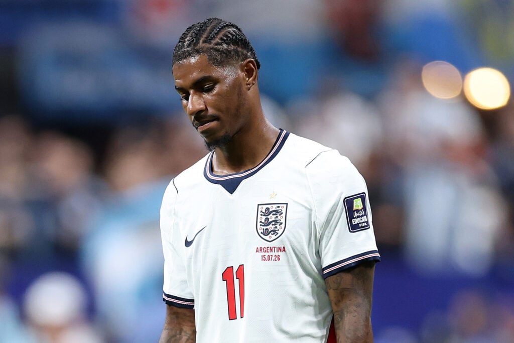Marcus Rashford #11 of England reacts after th 1-2 loss during the FIFA World Cup 2026 Semi Final match between England and Argentina at Atlanta Stadium on July 15, 2026 in Atlanta, Georgia.
