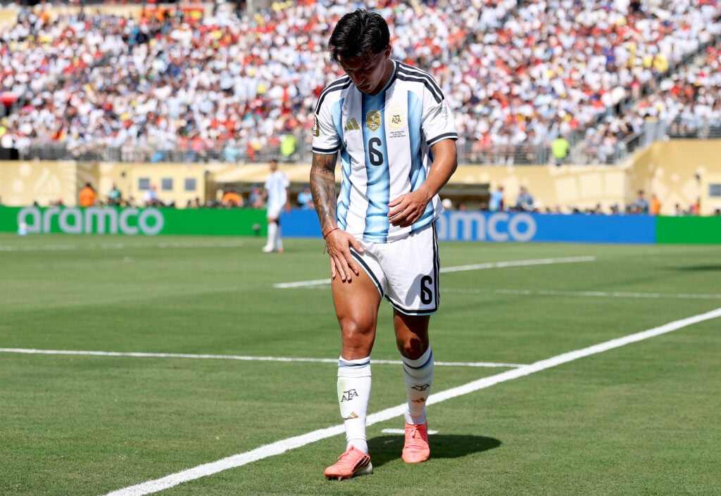Lisandro Martinez #6 of Argentina reacts during the FIFA World Cup 2026 Final match between Spain and Argentina at New York New Jersey Stadium on July 19, 2026 in East Rutherford, New Jersey.
