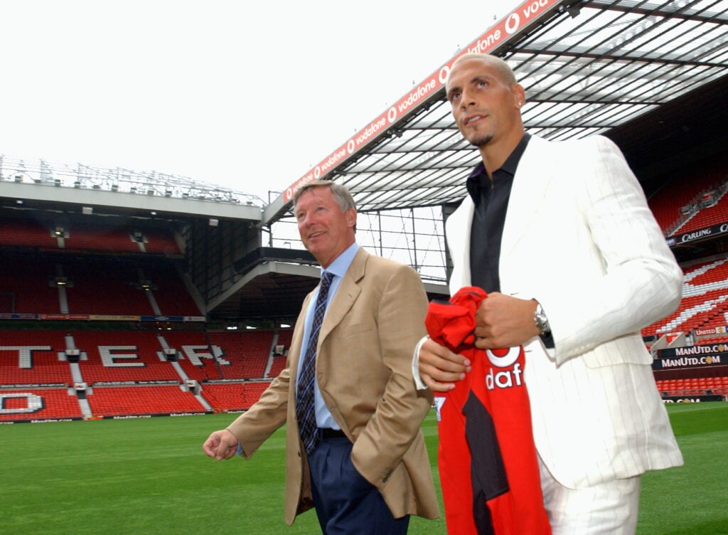 Rio Ferdinand and Sir Alex Ferguson at Old Trafford in 2002